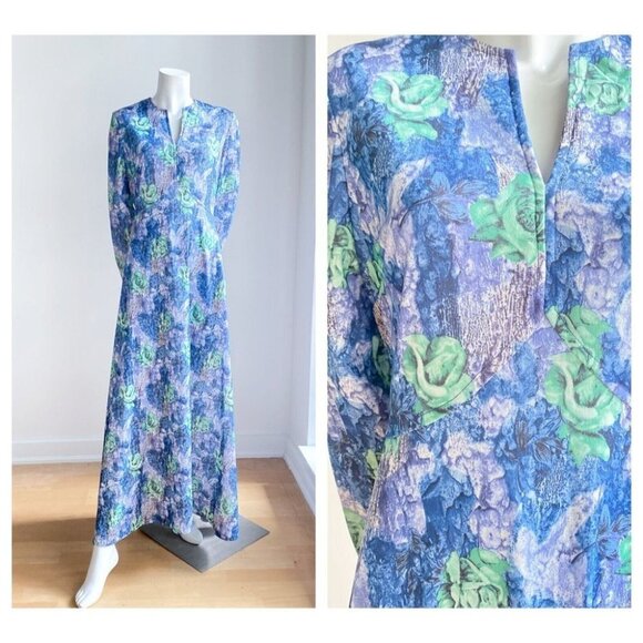 Vintage Abstract Floral Rose print Blue Green Long  Sleeve Maxi M - Picture 1 of 8